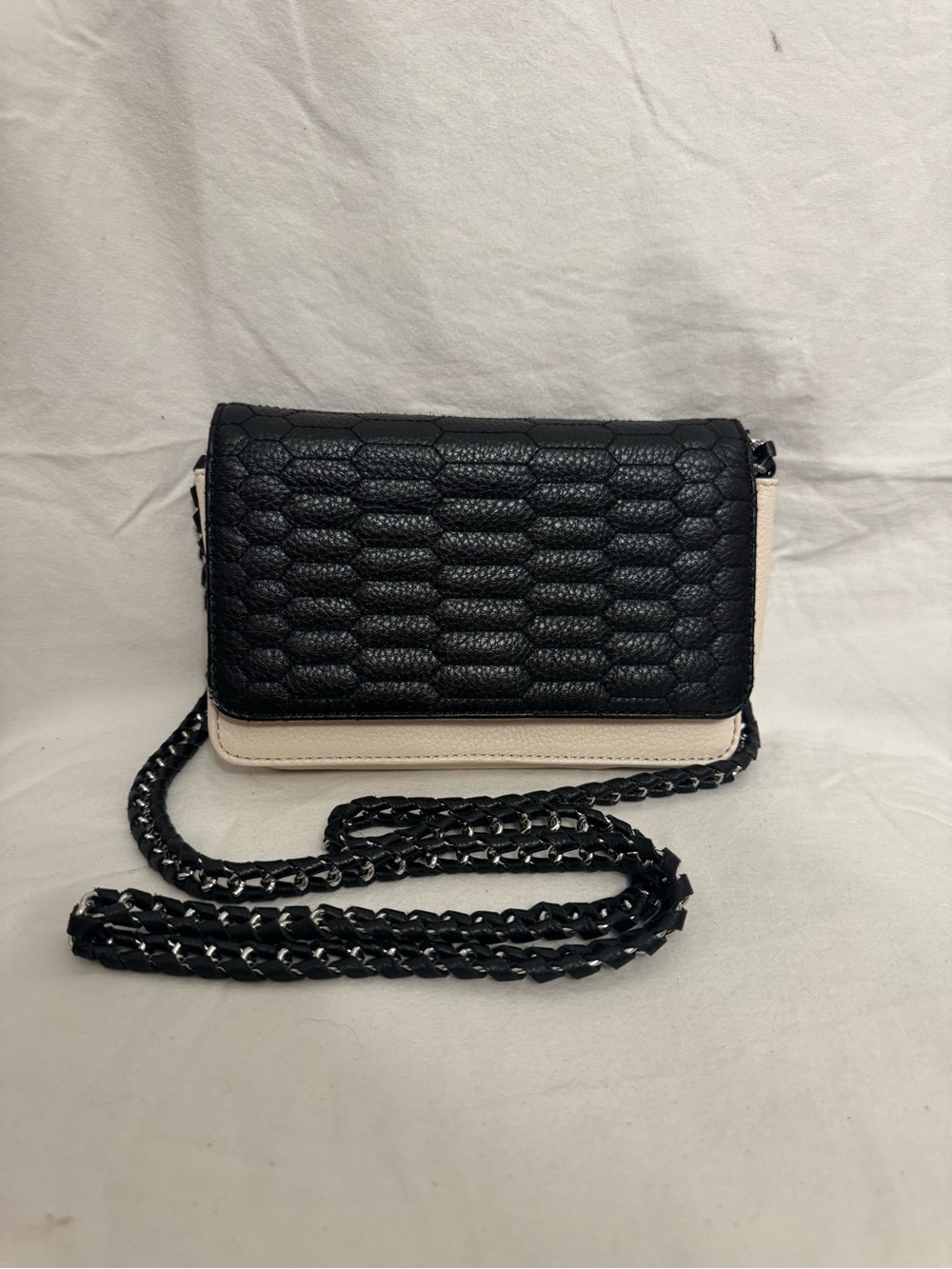 Aimee Kestenberg Black Cream Leather Crossbody Wallet Chain Strap Bag